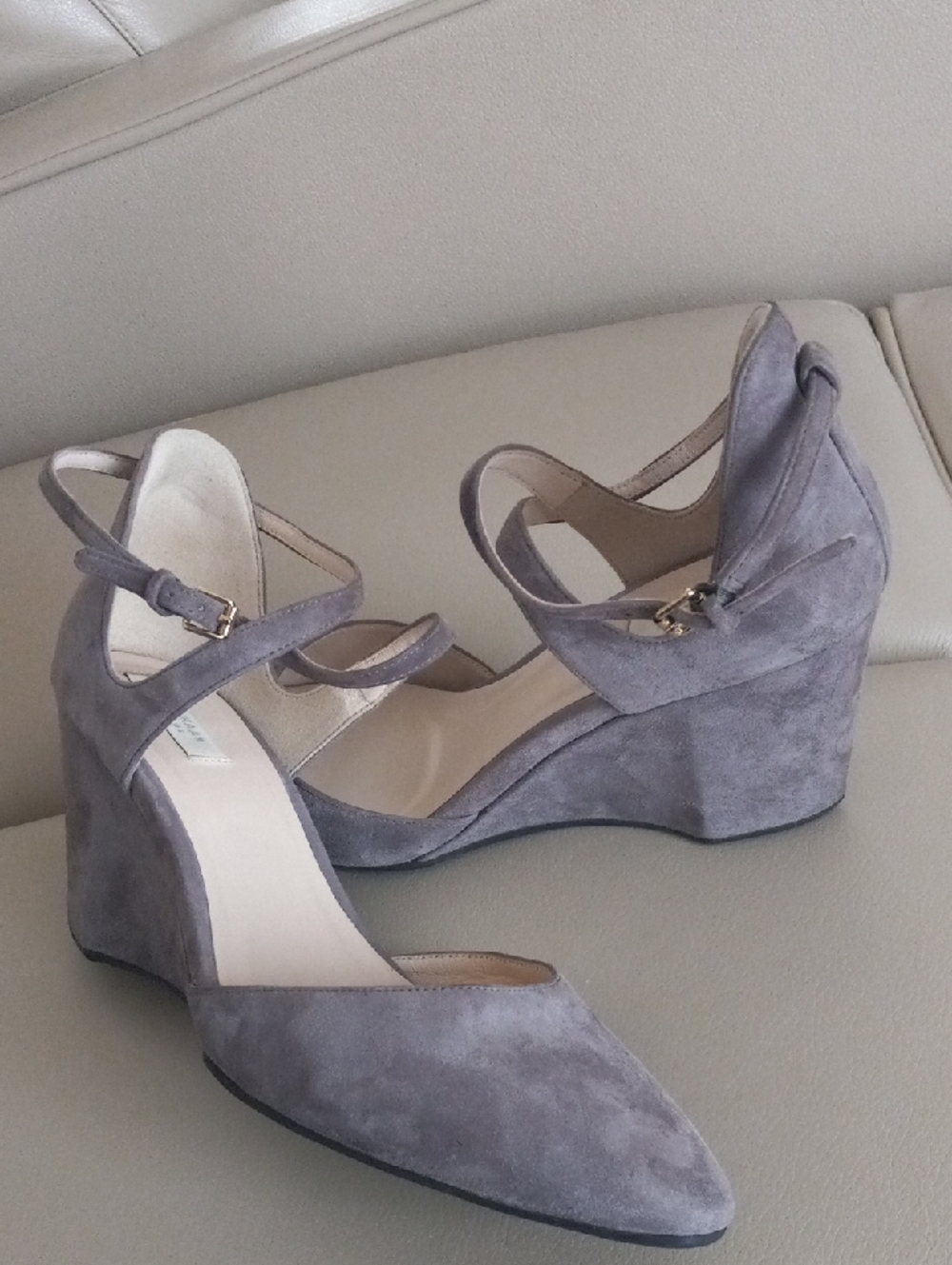 Cole Haan Gray Suede Architectural Wedge Heels with Buckled Ankle Strap Size 7.5